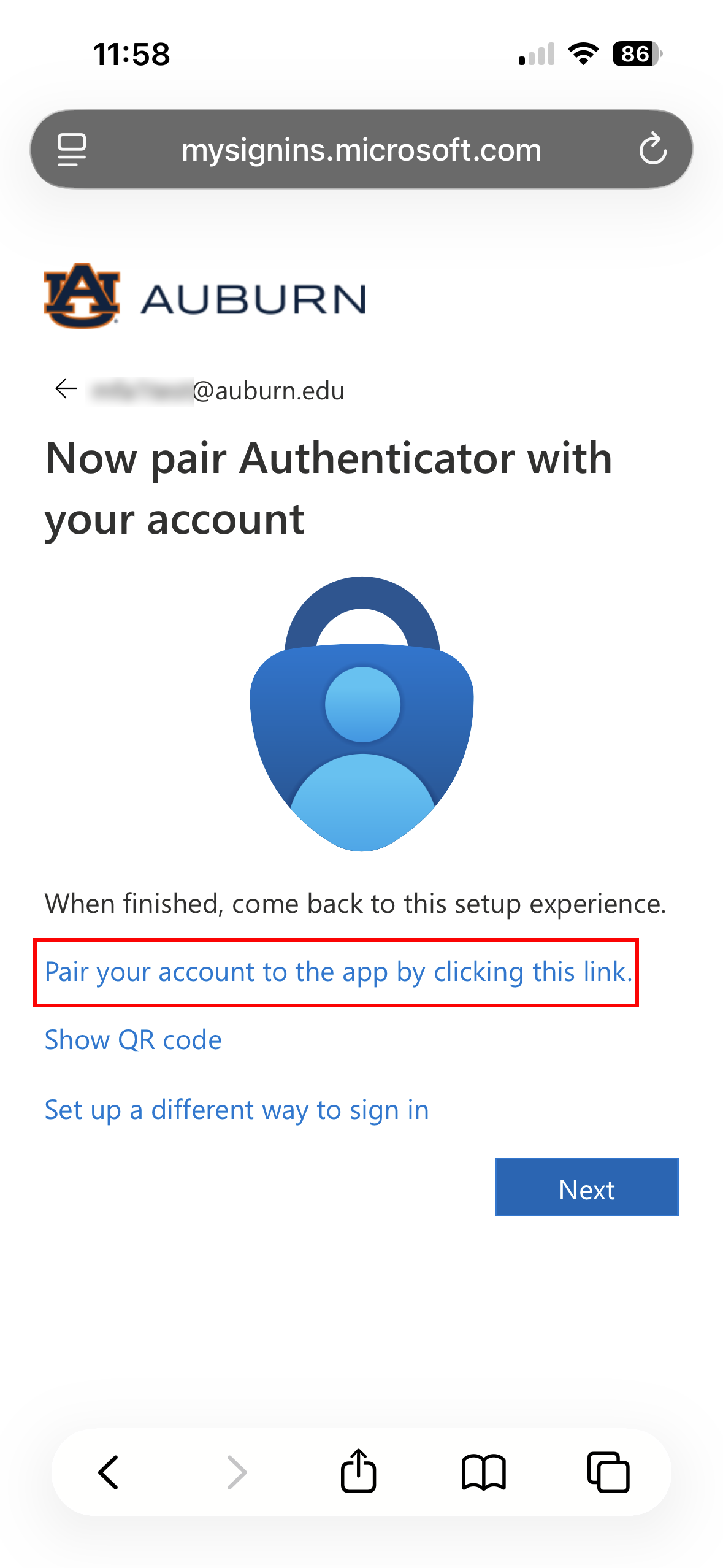 Microsoft authenticator app pair your account screen