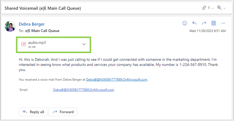 Teams shared voicemail MP3 file in Outlook