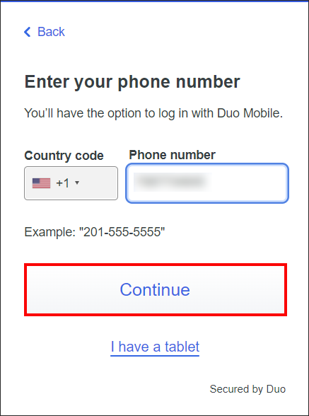 Duo registration enter phone number screen