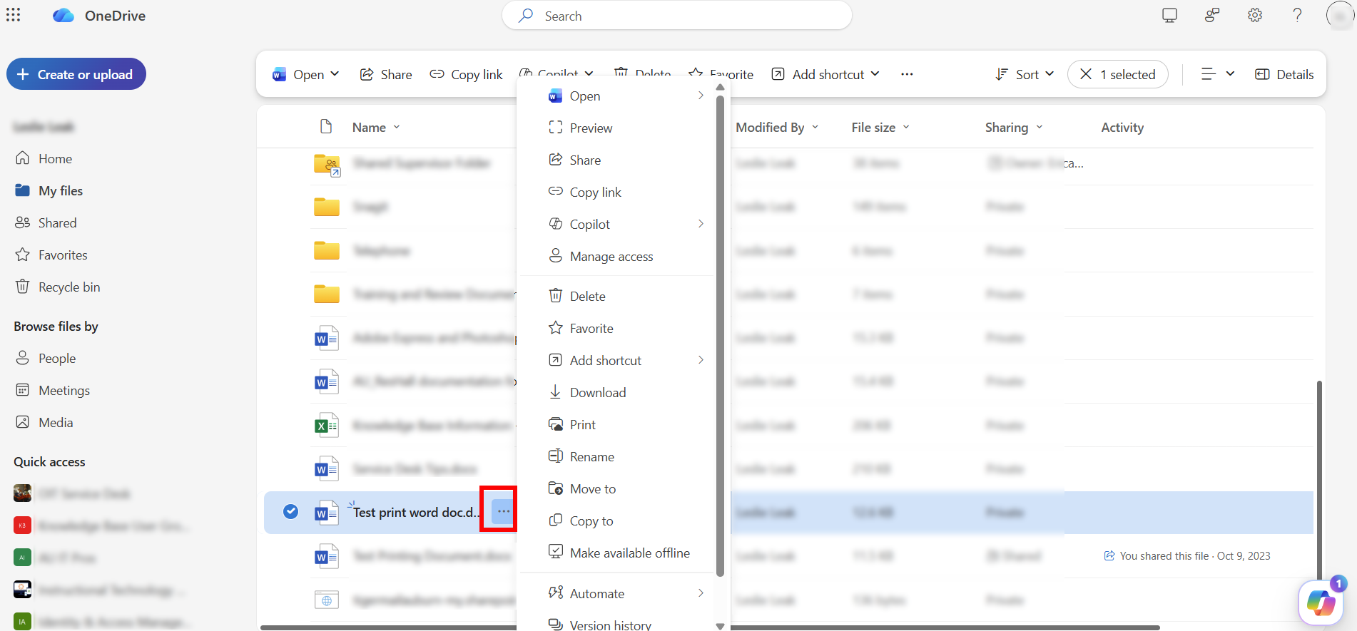 OneDrive file and folder options