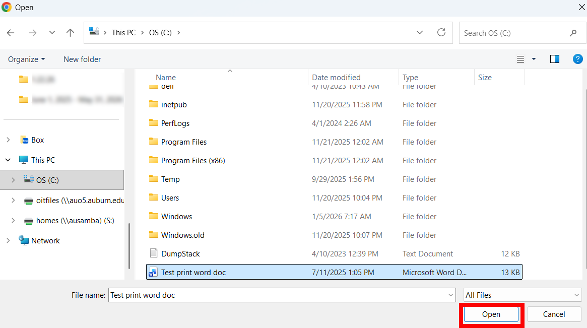 File Explorer select file to upload
