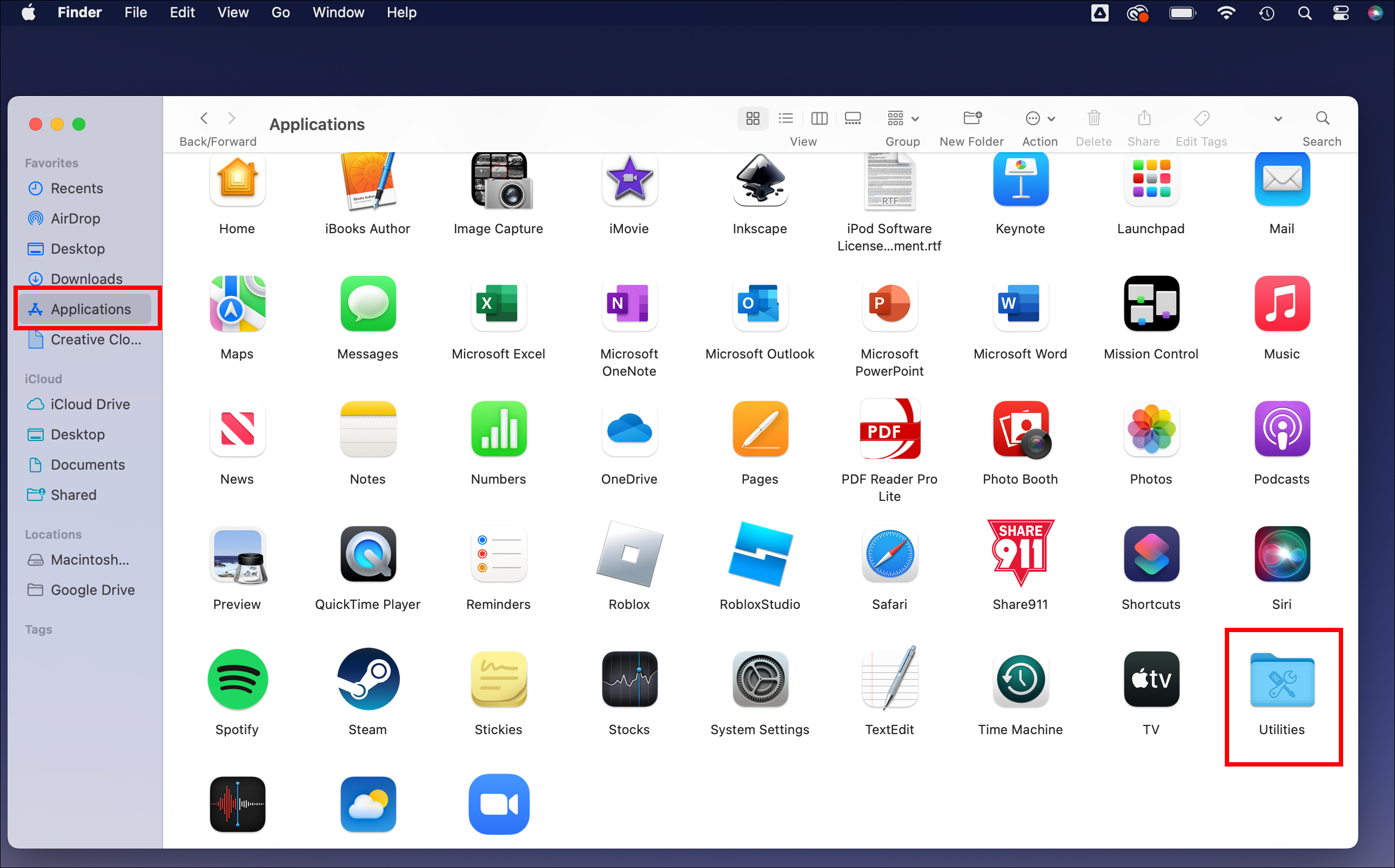 Mac applications and utility folder screen