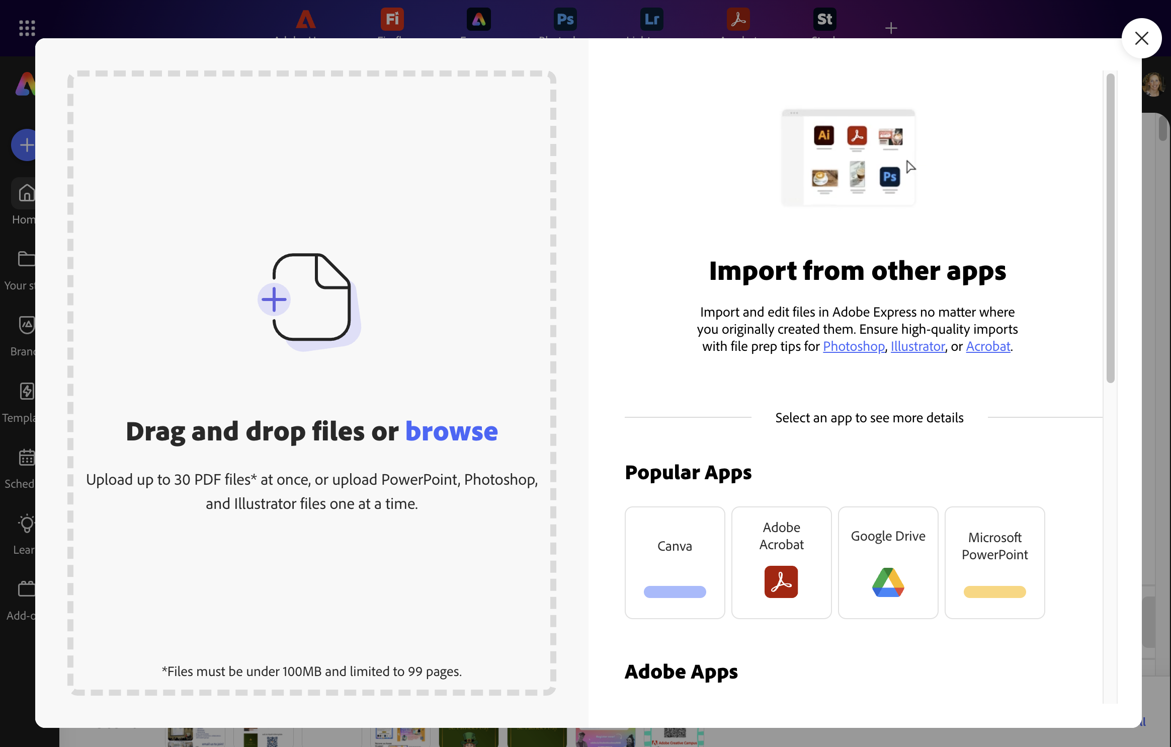 Adobe Express homepage with the import from other apps window open showing options of apps to select from for importing