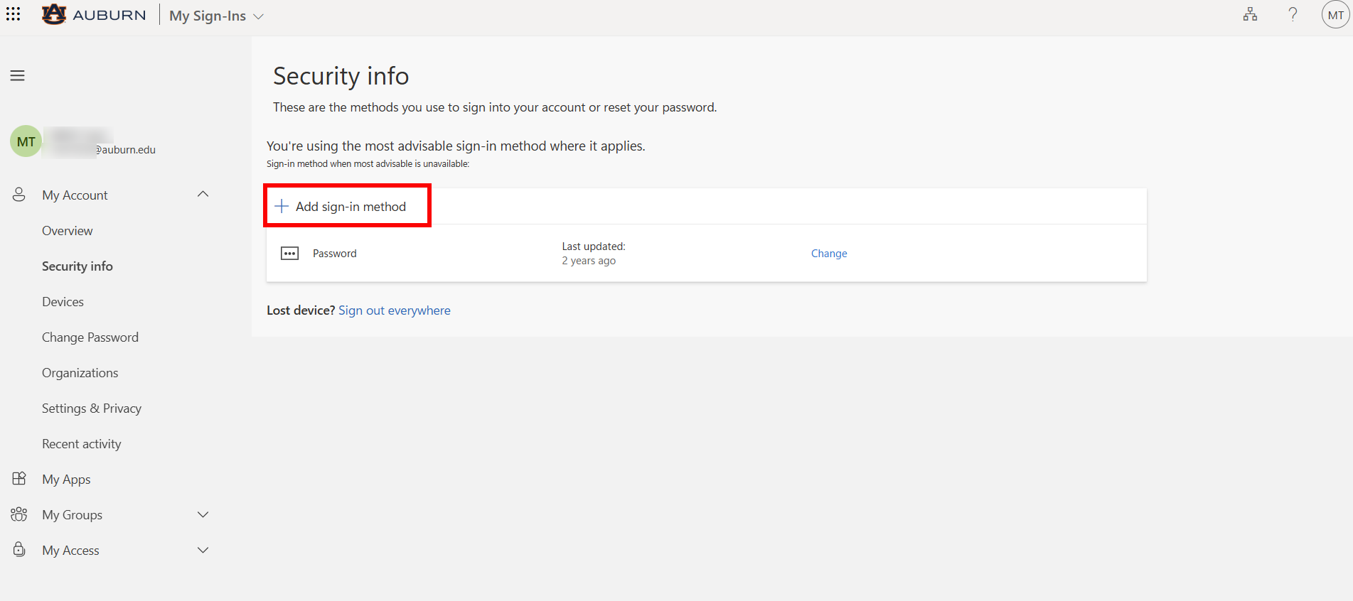 Alumni and retiree Outlook add sign in method screen