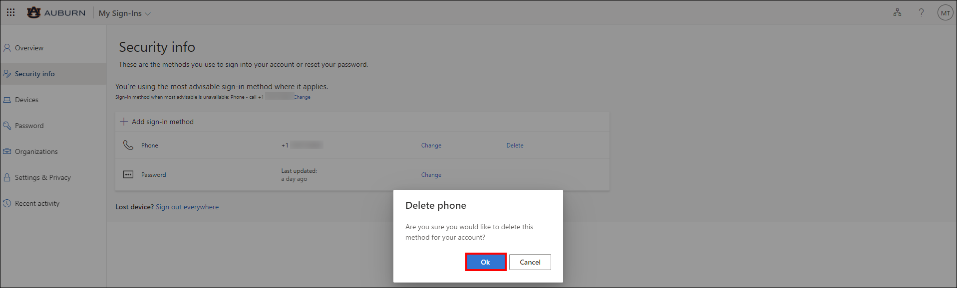 Alumni and retiree Outlook delete sign-in method confirmation screen