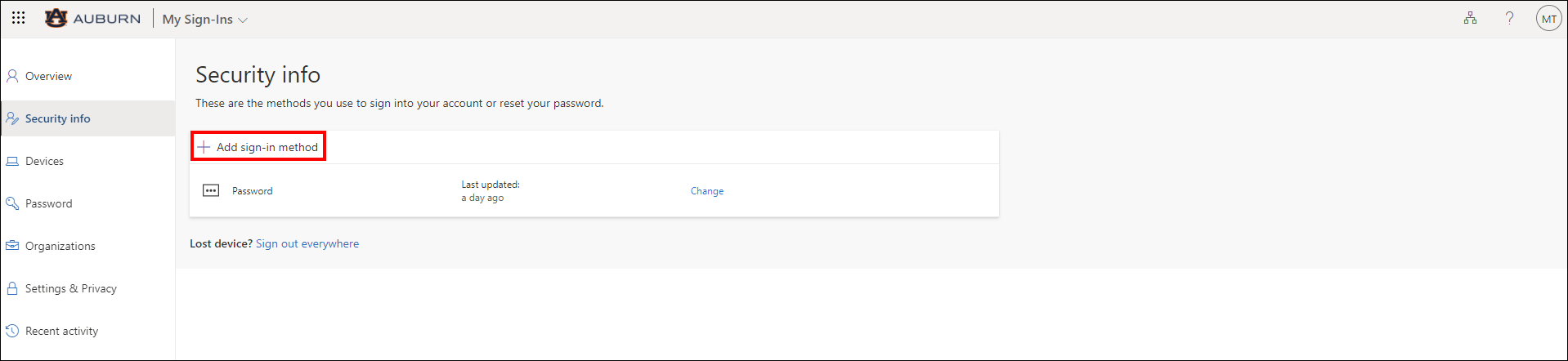 Alumni and retiree Outlook add sign in method screen