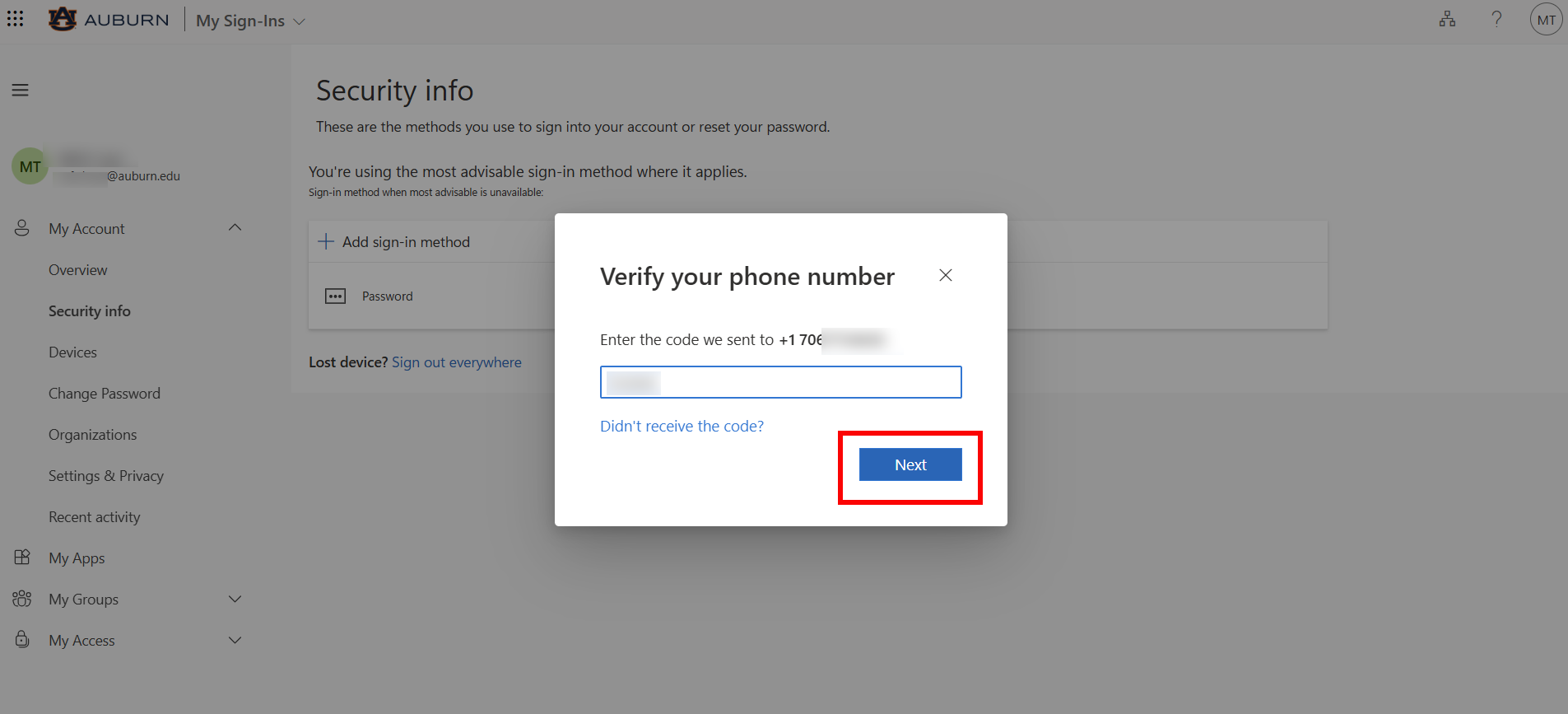 Alumni and retiree Outlook MFA text numerical code screen