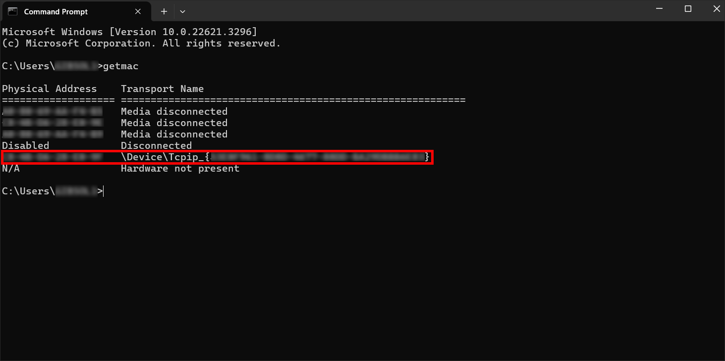 Windows command prompt mac address