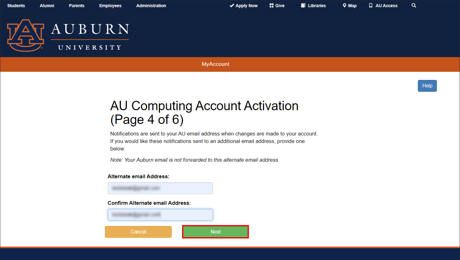 AU account activation alternate email address screen