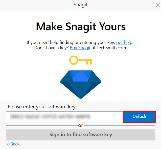 Snagit enter software key and unlock selection