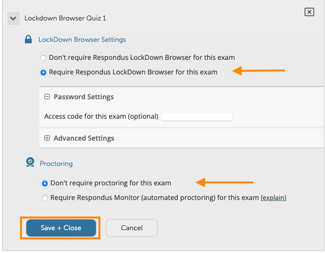 lockdown browser settings menu with arrow 
