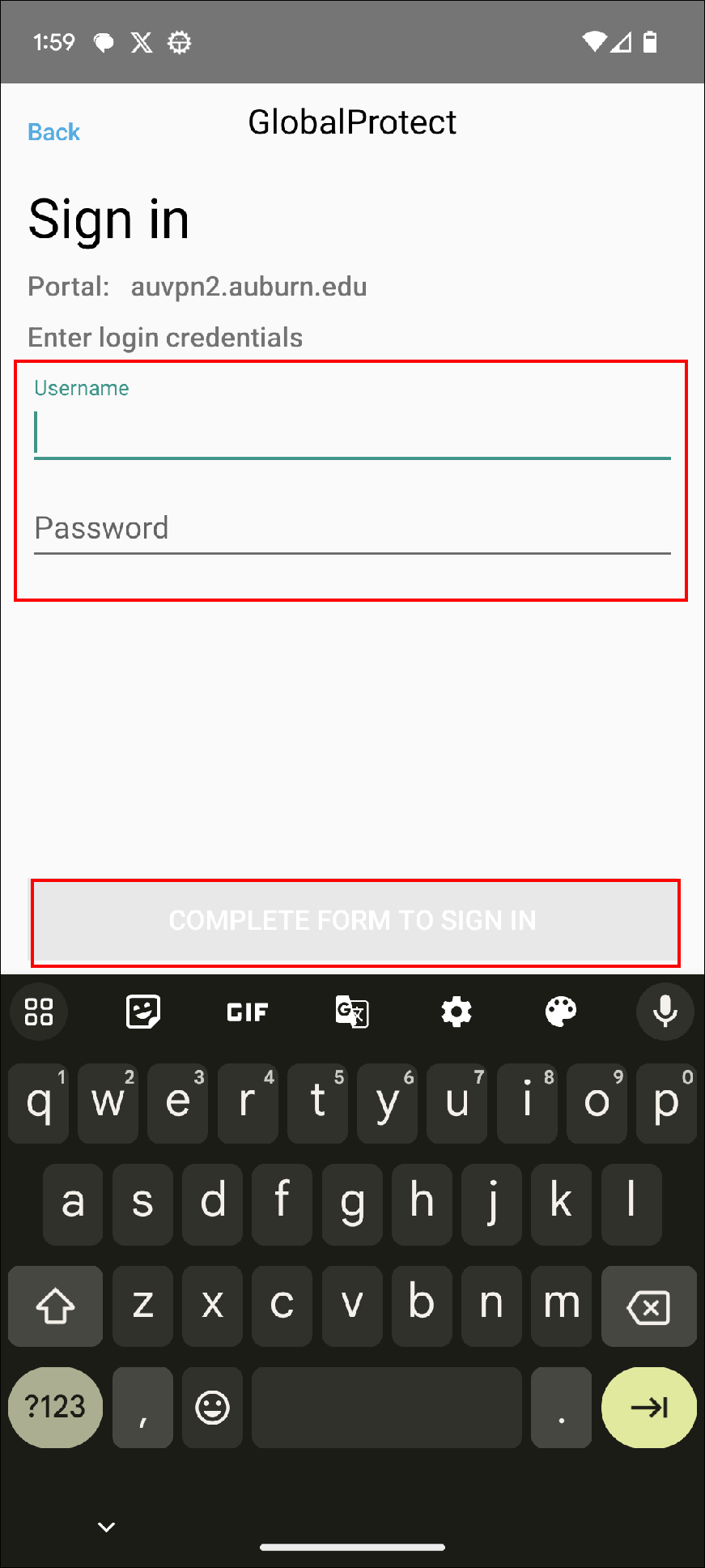 android global protect login credentials screen
