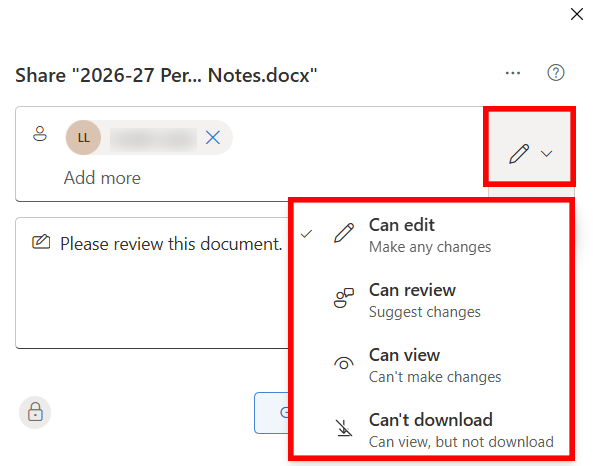 onedrive share document options