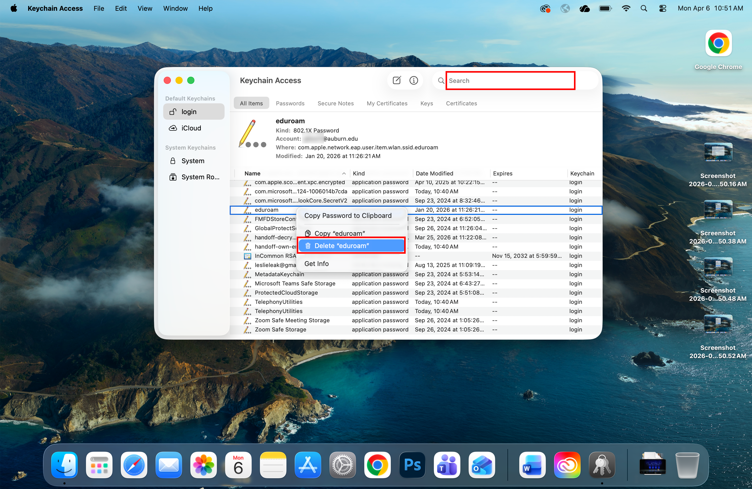 Keychain access login screen to delete password