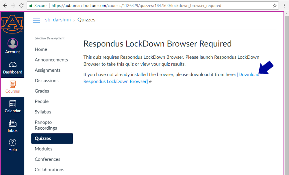 respondus lockdown browser required link shown