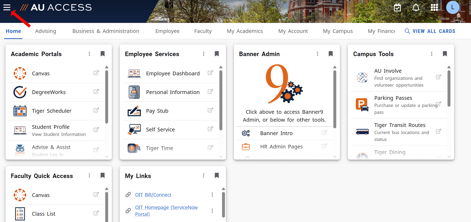 Employees AU Access three-bar menu option
