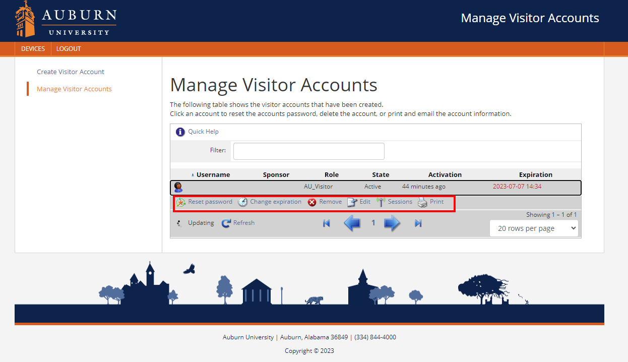 Managing temporary guest accounts screen