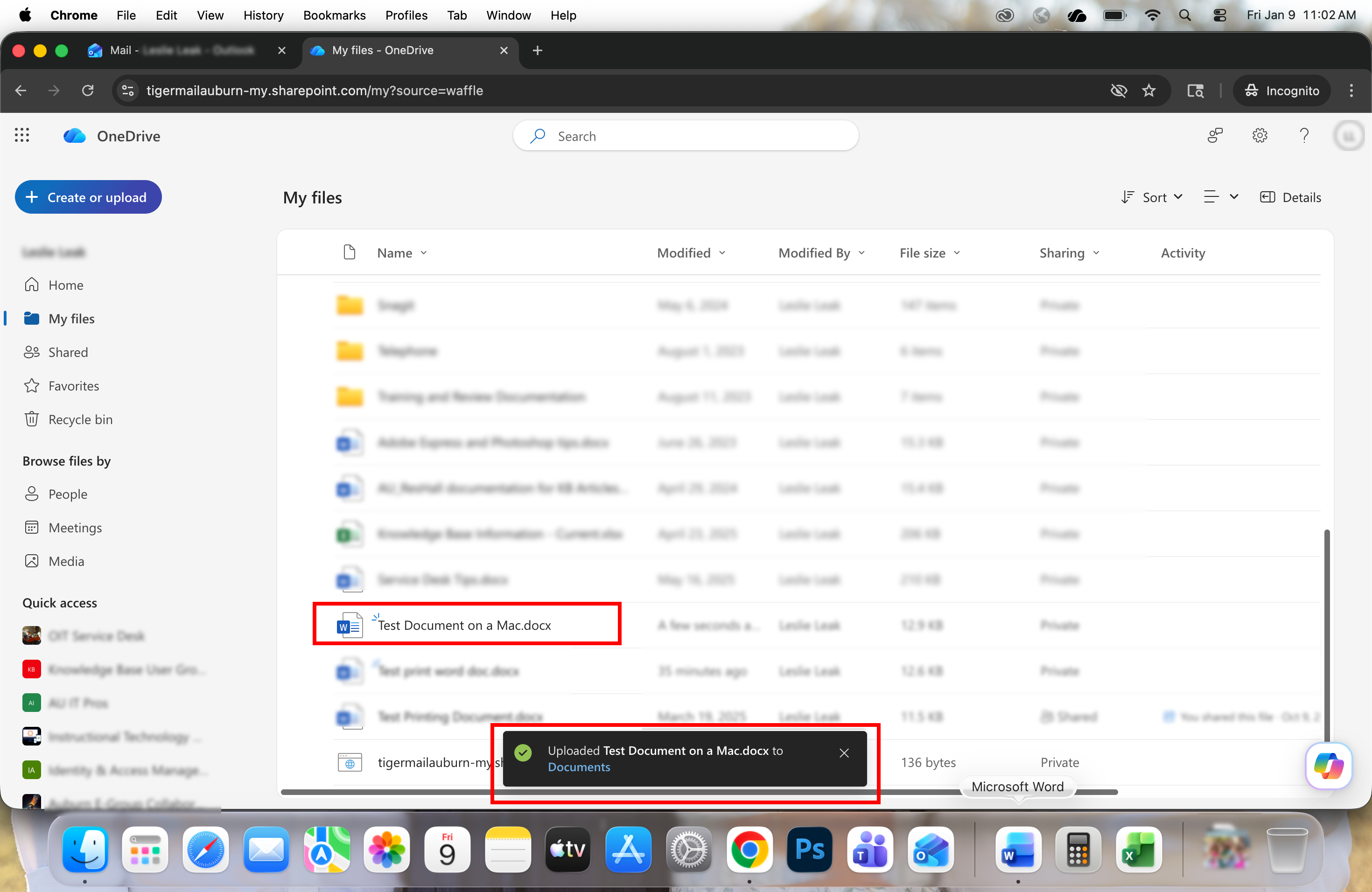 OneDrive on a mac file upload complete