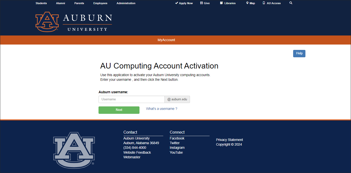 AU Computing Account Activation screen