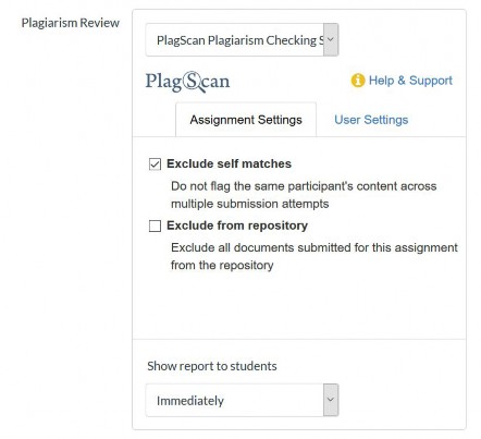 Screen capture of dialog box showing box checked for Exclude Self Matches, do not flag the same participant's content across multiple submission attempts.