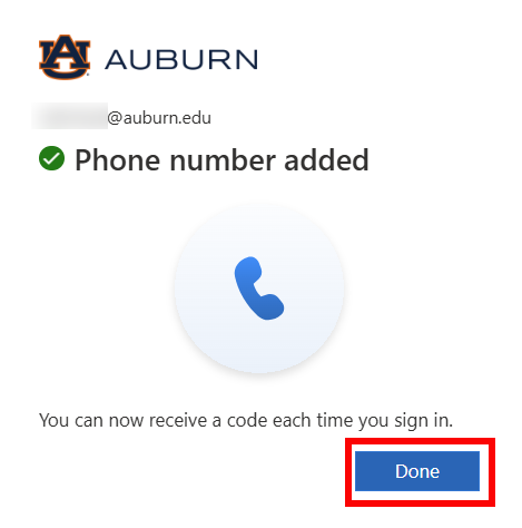 Alumni and retiree MFA successful phone registration screen