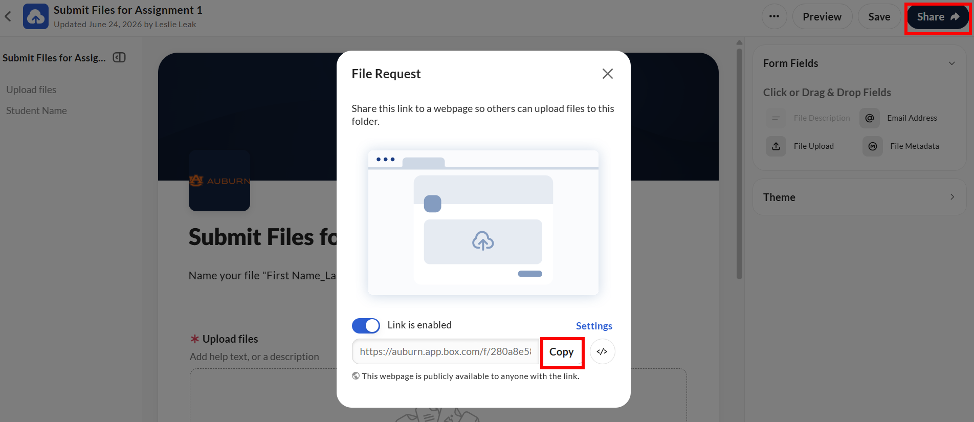 Box File Request Share and Copy link