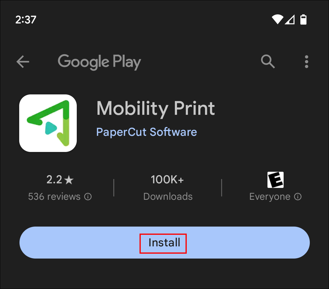mobility print install button