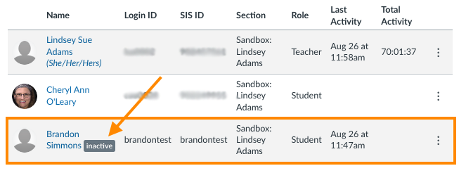 canvas roster with inactive student highlighted