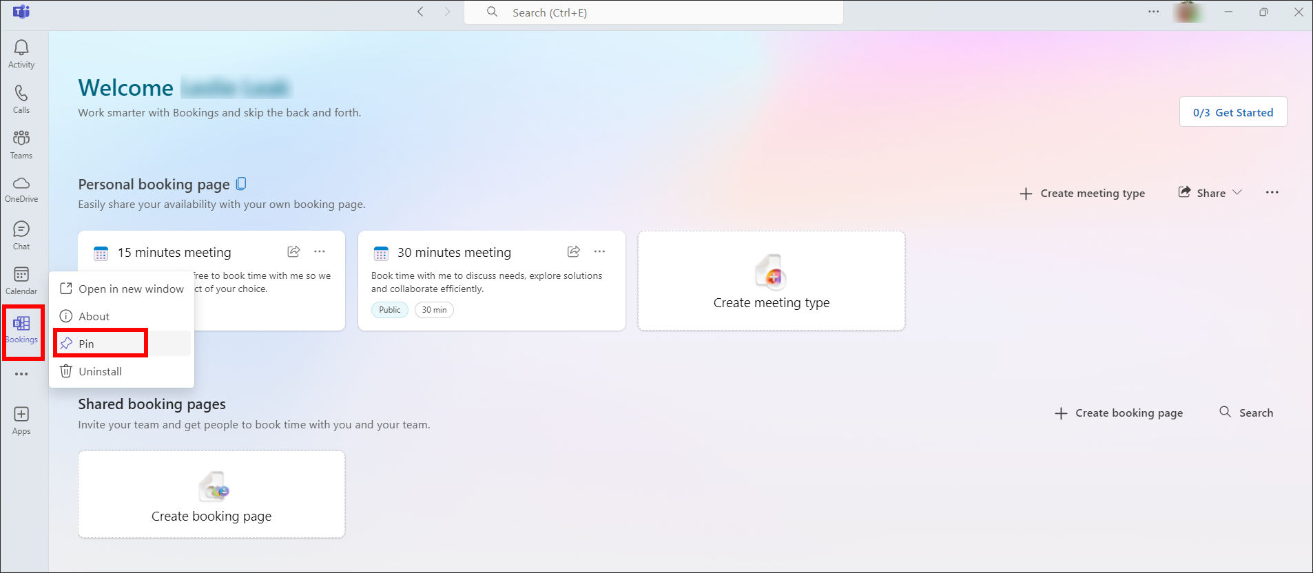 Microsoft Bookings pin in Teams