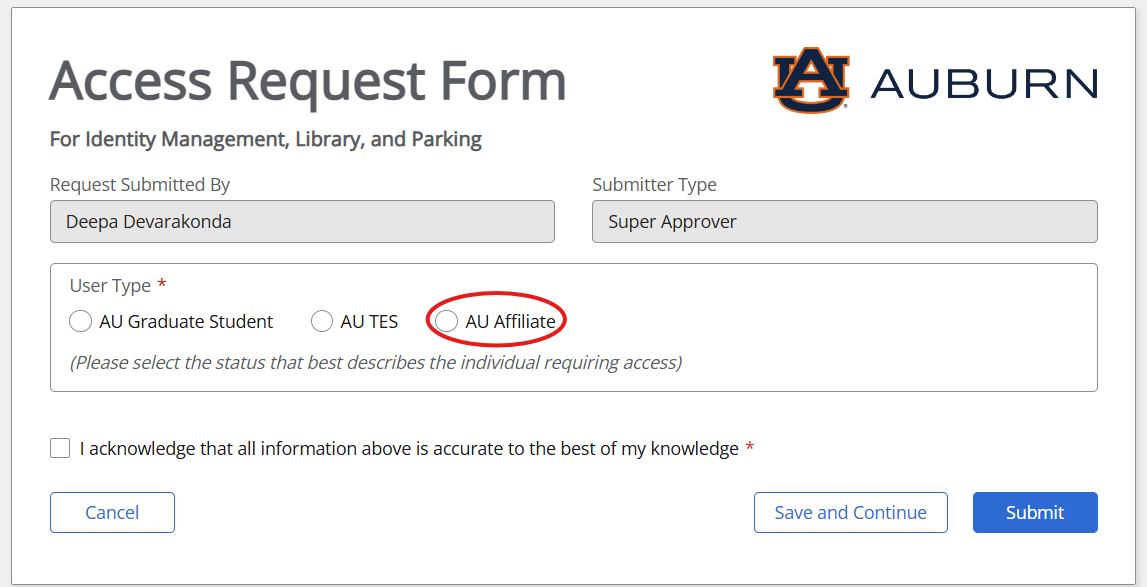 Access Request Form Main page