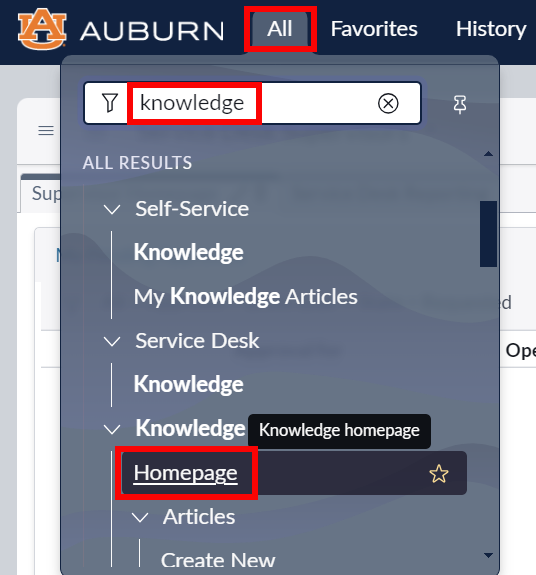 Knowledge Homepage selection