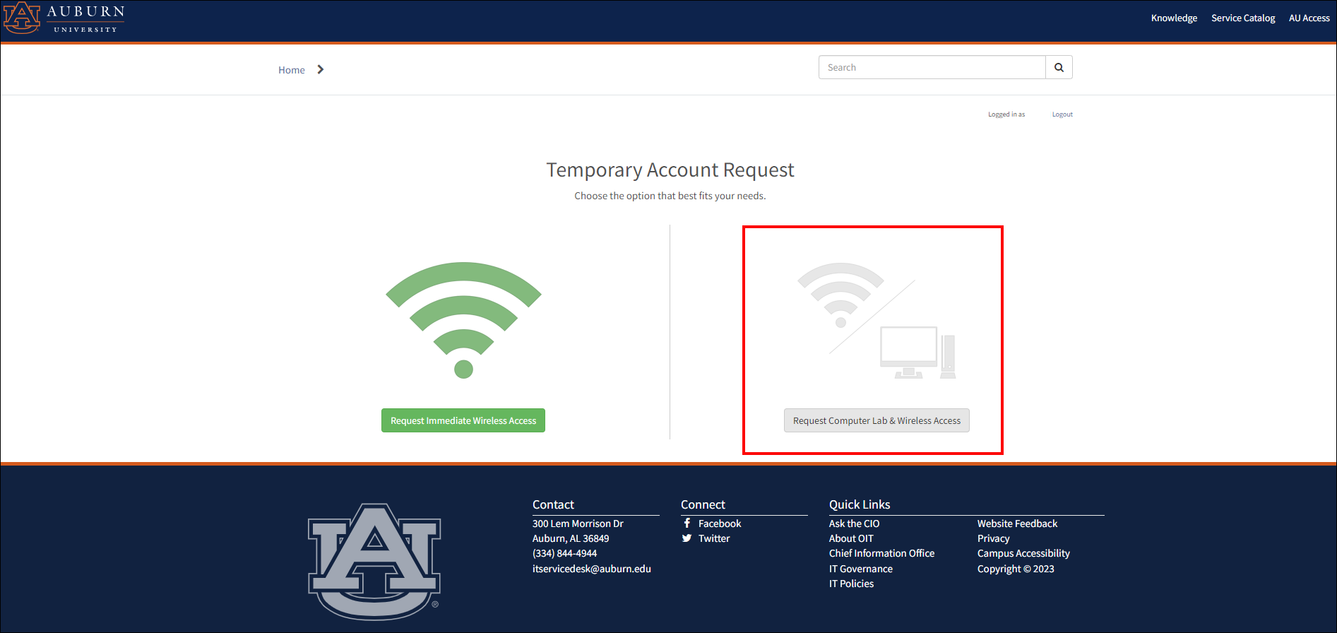 Computer Lab Wireless Account screen