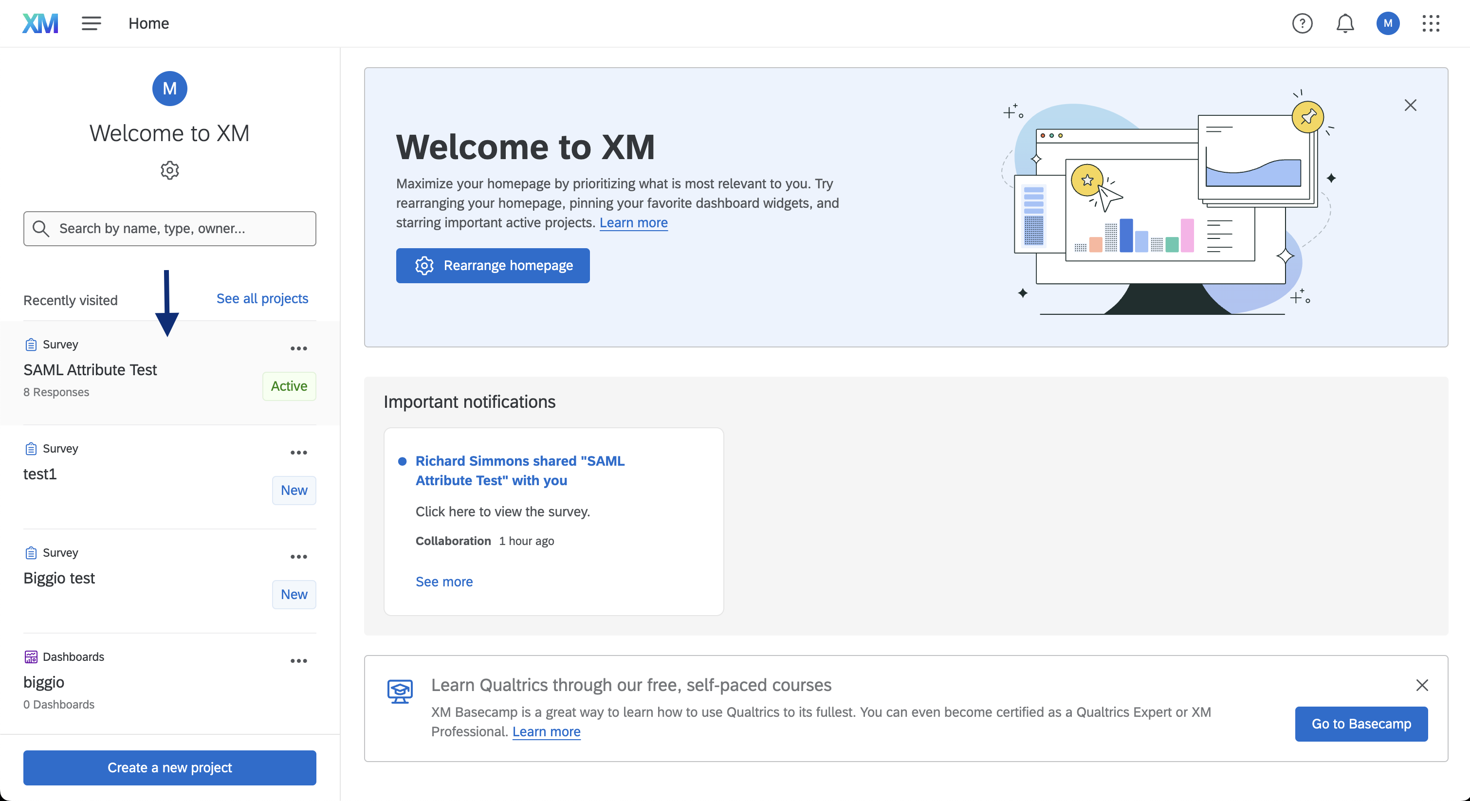 Qualtrics dashboard to start a new survey