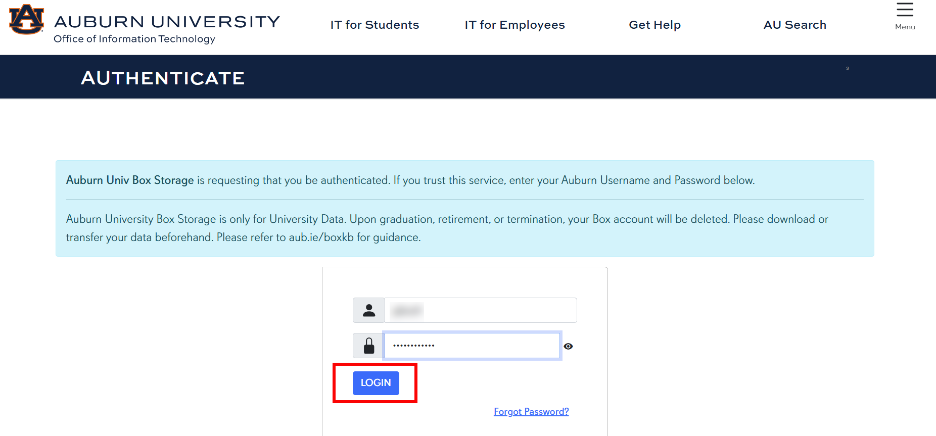 Box AU authenticate screen