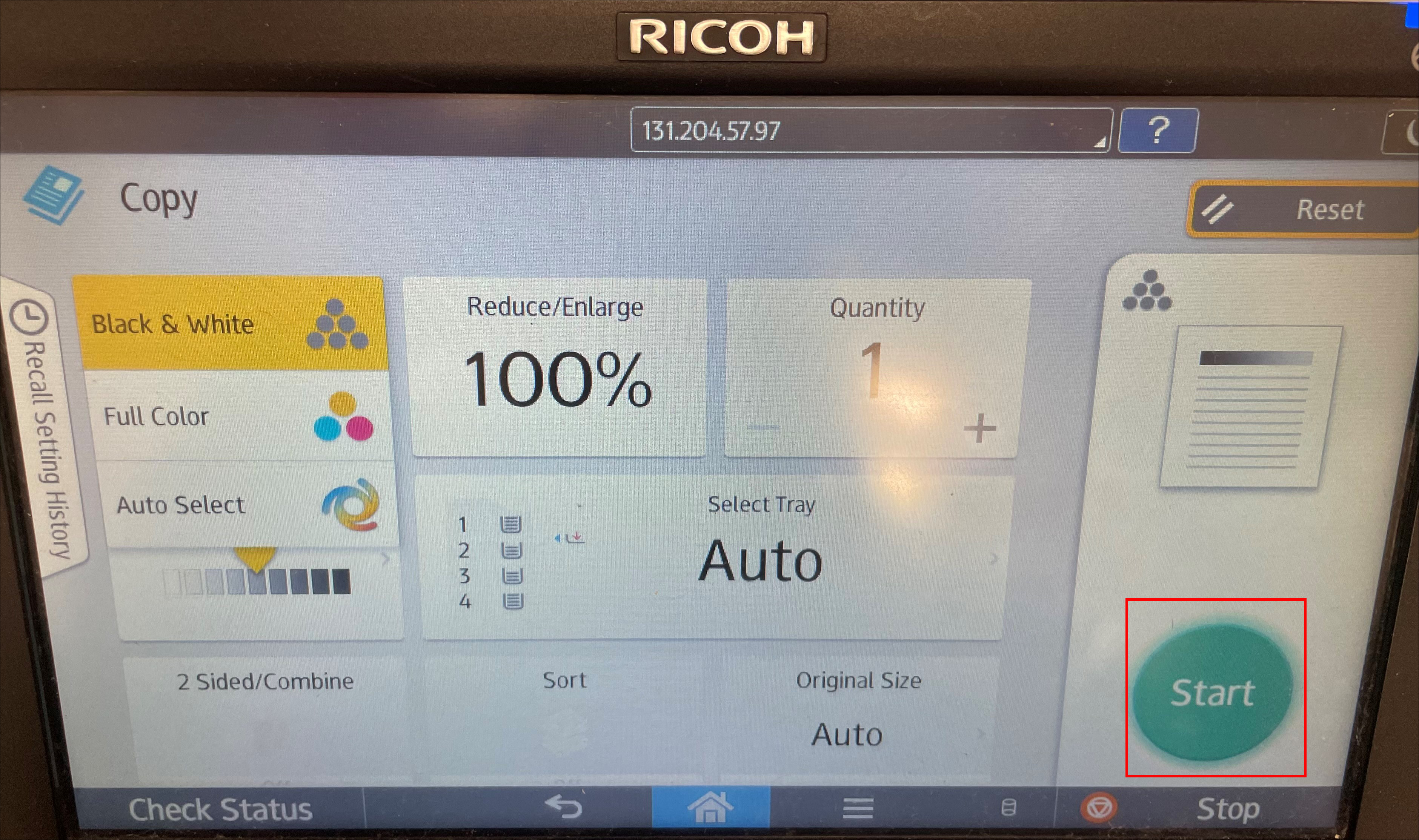 Ricoh copying options screen