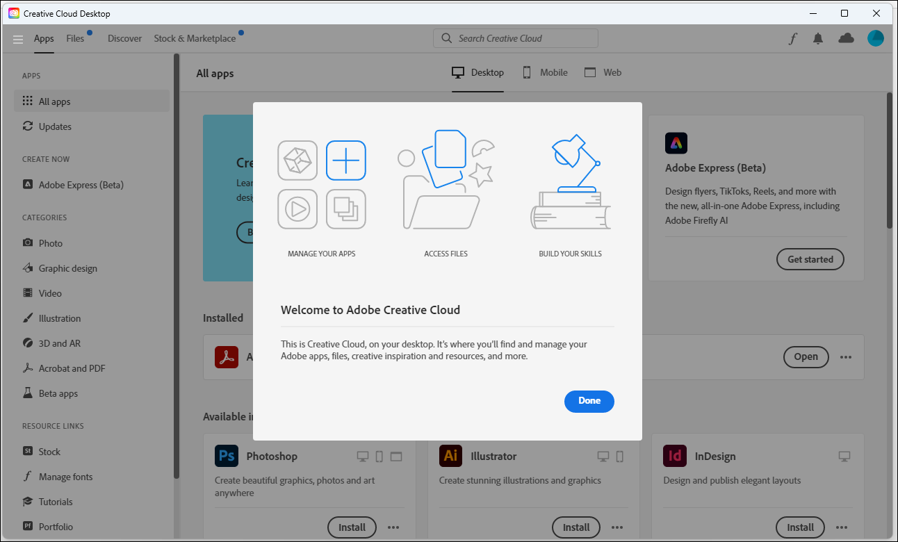 Adobe Creative Cloud welcome screen