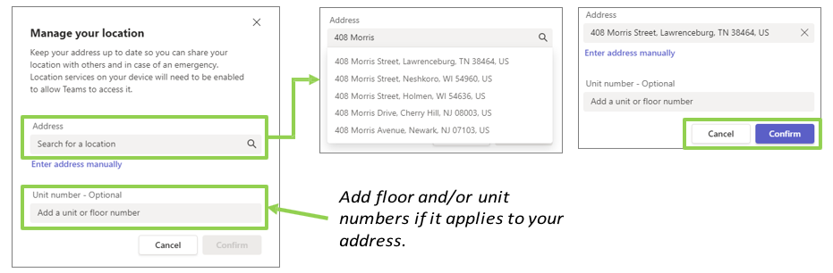 Teams Voice select location and confirm screen