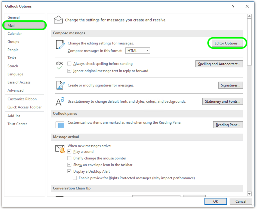 outlook editor options