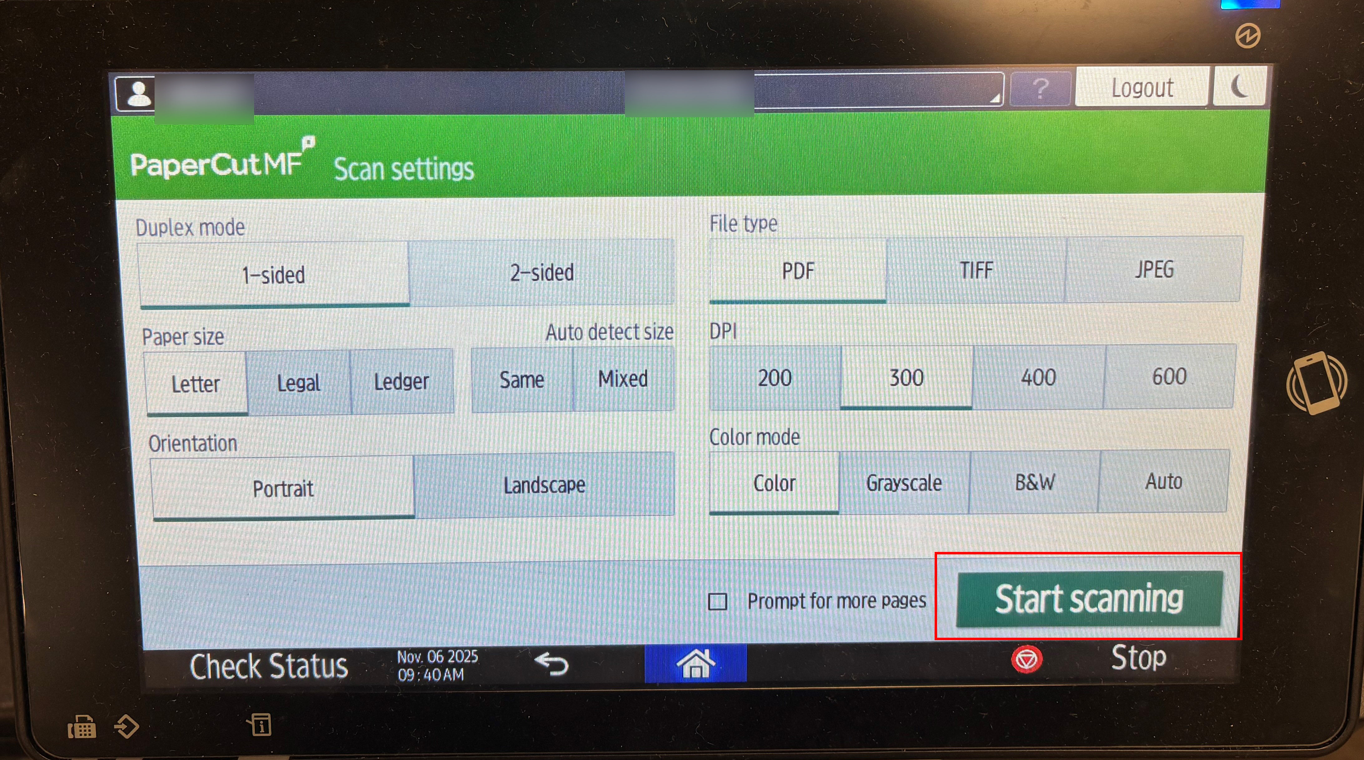 start scanning option