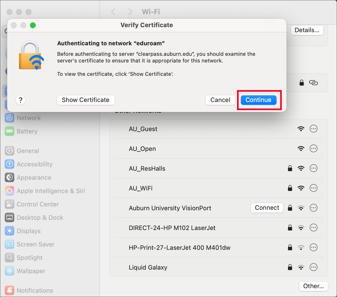 eduroam certificate verification screen