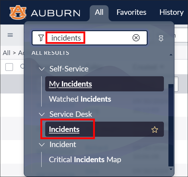 Incidents filter navigator