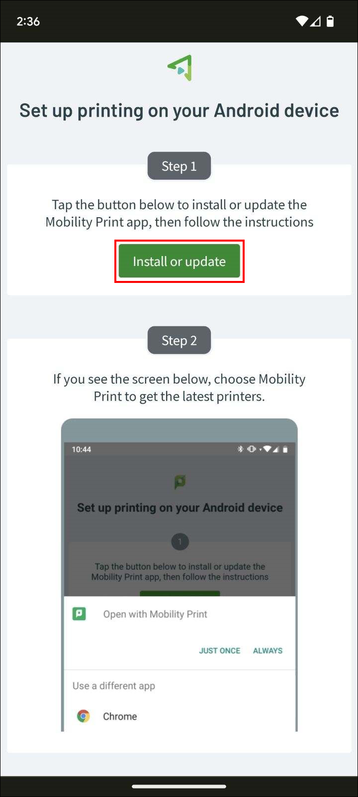 mobility print install screen