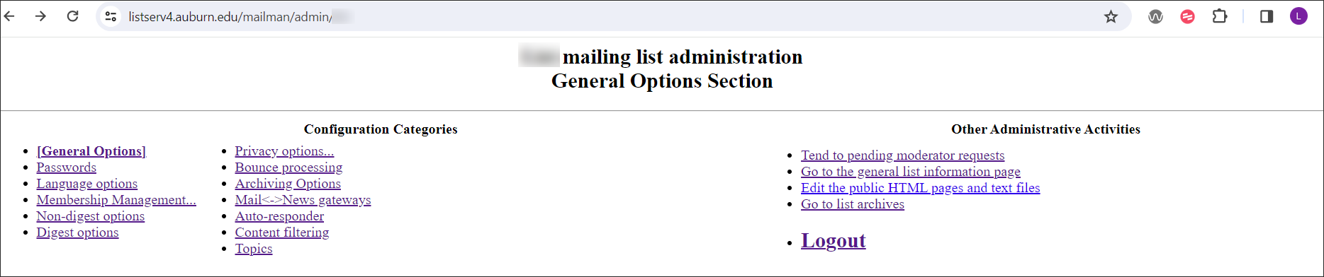 Listserv configuration categories and other administrative activities options