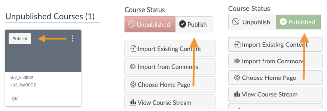 publish options shown from within course and on dashboard 