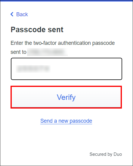 Duo registration passcode verification screen