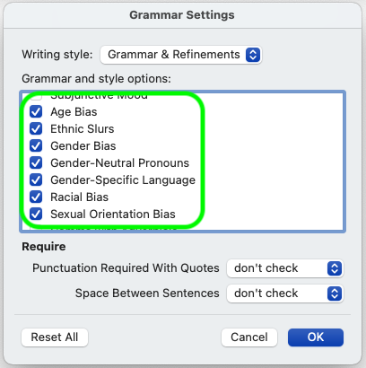 word for mac inclusive section