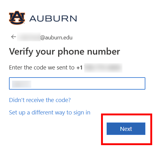 Alumni and retiree MFA phone code screen