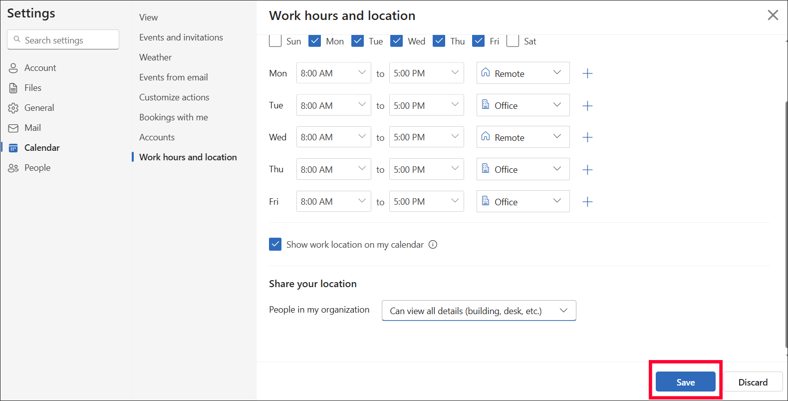 Outlook on the web save calendar work hours and location