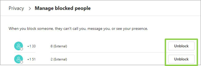 Teams Voice unblock call option