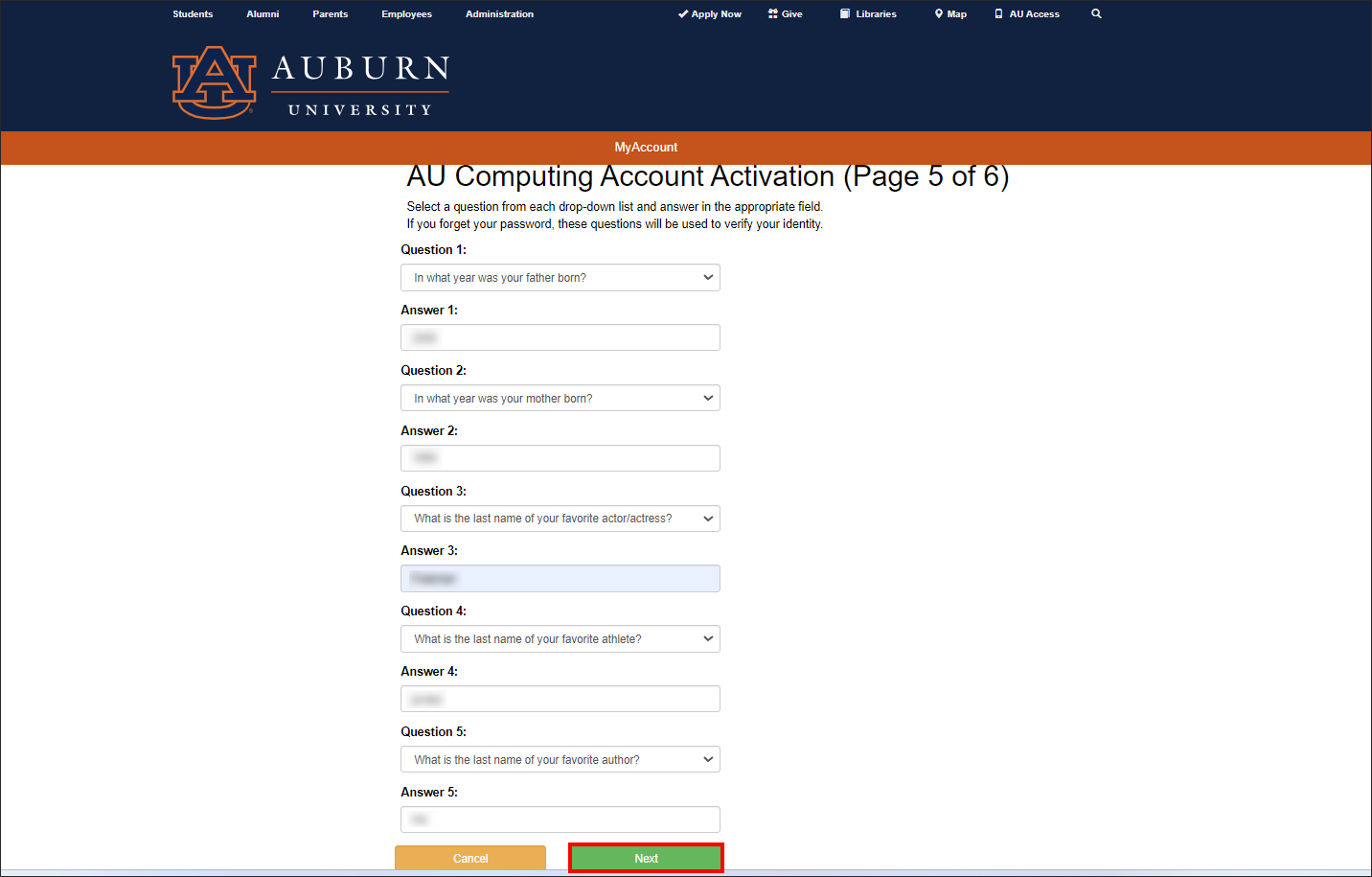 AU account activation questions and answers screen